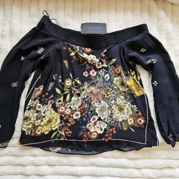 New ZARA Off The Shoulder Floral Top Bell Sleeve Bandana Flower Print Blouse - Picture 2 of 11